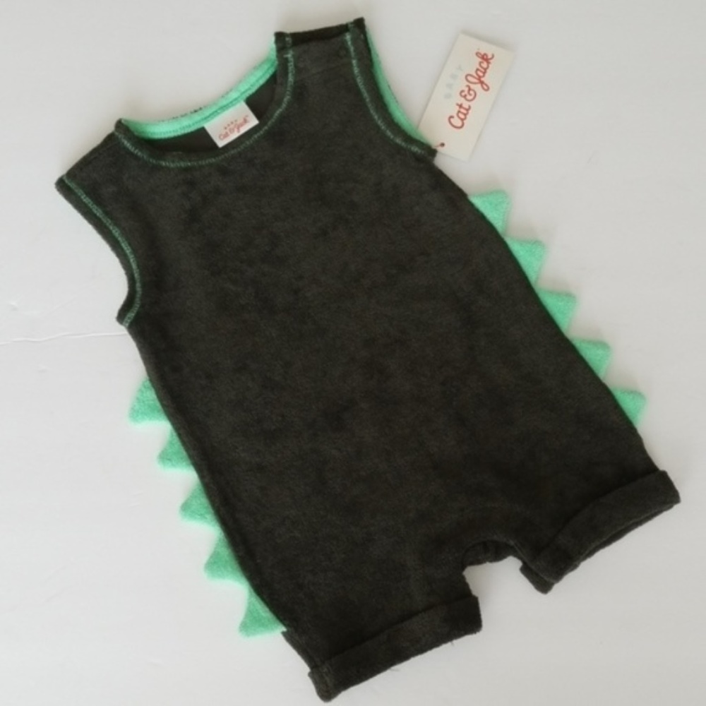 NWT {Cat & Jack} Green Dinosaur Terry Cloth Romper